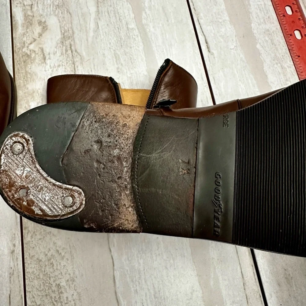 Men Classic Warm Brown Leather Resoled Office Side Zip Dress Boots Stacked Heel